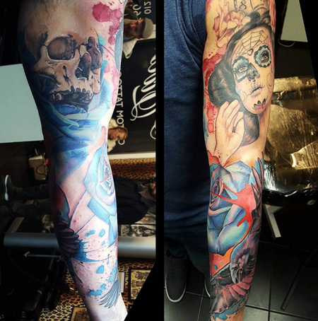 Tattoos - Skull Lady Rose Sleeve Tattoo - 114791